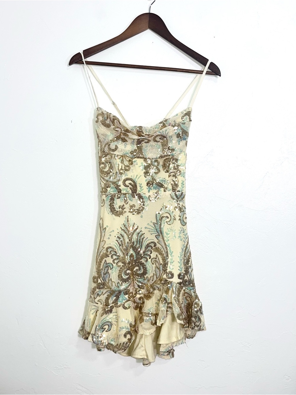 Hello Molly Y2K Iridescent Paisley Sequin Ruffle Mini Dress Gold Sequin Baroque